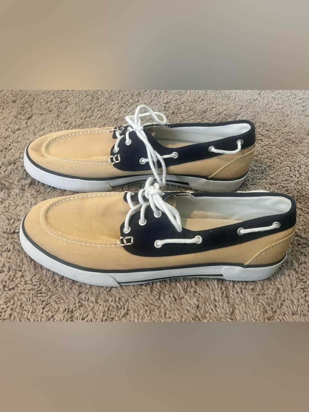 Polo by Ralph Lauren Franz  Men’s Two-Tone Canvas Boat Shoes in Tan & Navy